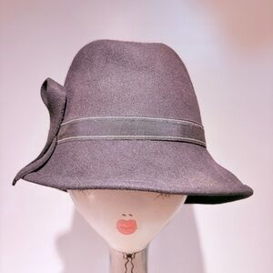 Navy Blue Felt Bucket Hat with Accent Ribbon
